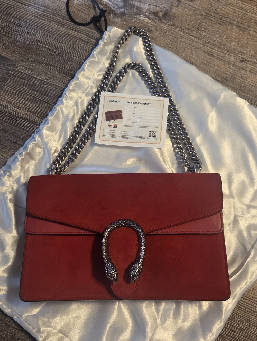 Gucci Red Suede Dionysus Bag Silver Chain Strap Purse